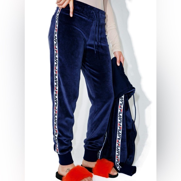 Fila Pants - FILA Dolly Velour Logo Side Stripe Banded Bottom Jogger Sweatpants Lounge Pants